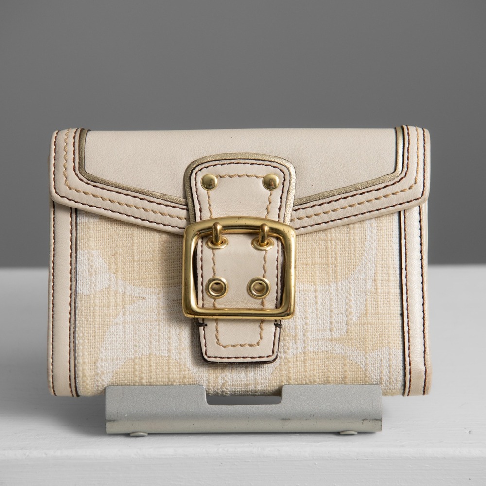 Coach Signature Canvas Leather Gold Buckle Trifold Wallet Cream Monogram